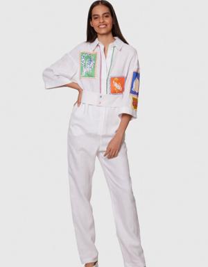 Embroidered White Linen Jumpsuit