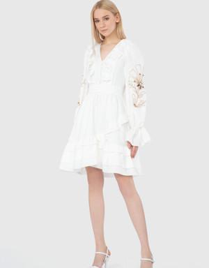 Embroidered Embroidery And Frill Detailed Slit Sleeve Detailed Mini Ecru Dress