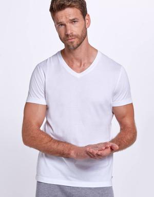 Beyaz V Yaka Basic T-Shirt