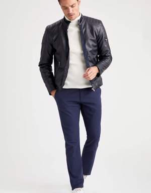 Suni Deri Slim Fit Dik Yaka Mont