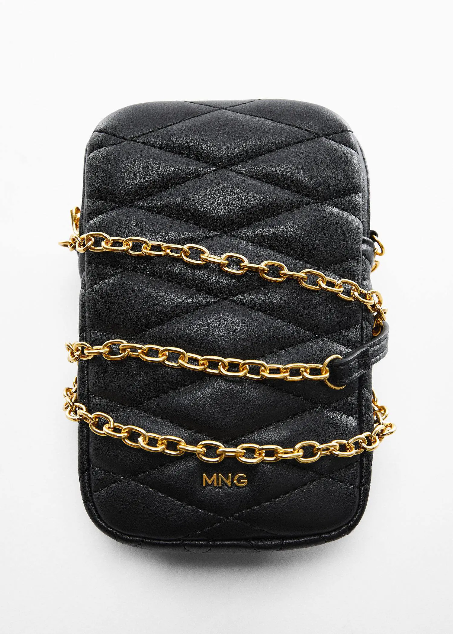 Mango Padded mobile phone case. a black purse with gold chains around it. 