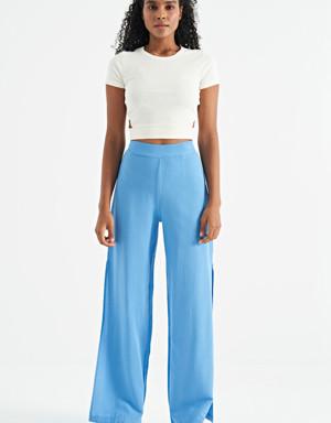 Mavi Yırtmaç Detaylı Bol Paça Kadın Pantolon - 02192