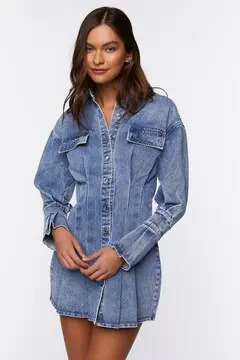 Forever 21 Forever 21 Pintucked Denim Mini Shirt Dress Medium Denim. 2