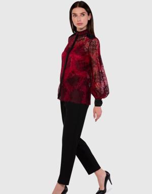 Epaulette And Ribbon Detailed Lace Transparent Red Blouse