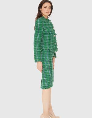 Stone Button Detailed Checkered Tweed Green Suit