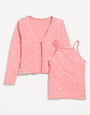Printed Rib-Knit Open-Front Button Cardigan & Cami Set for Girls pink