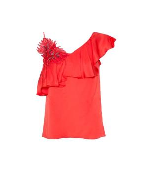 Embroidery Detailed Asymmetric Frilled Viscose Coral Blouse