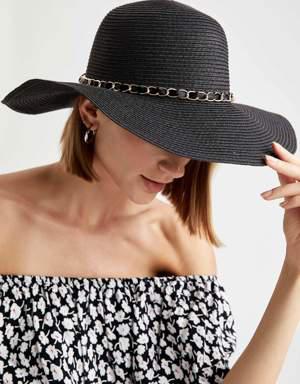 Kadın Zincir Detaylı Hasır Şapka