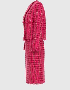 Tweed Fuchsia Suit With Check Pattern With Stone Button Detail