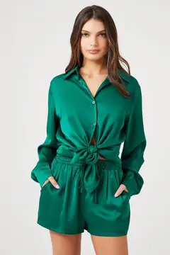 Forever 21 Forever 21 Satin Shirt &amp; Shorts Set Green. 2