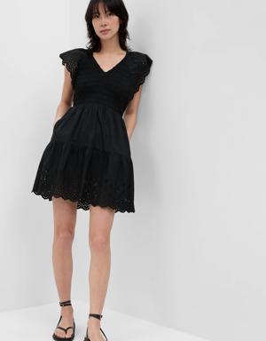 Flutter Sleeve Eyelet Mini Dress black