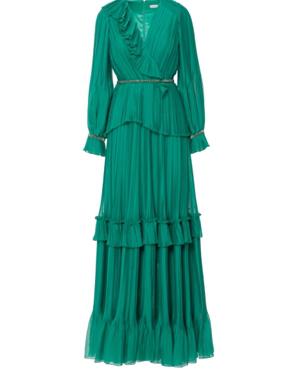 فستان صوف طويل أخضر مطوي مفتوح الرقبة