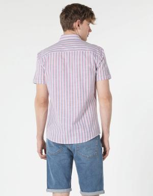 Slim Fit Shirt Neck Çizgili Çok Renkli Erkek Kısa Kol Gömlek