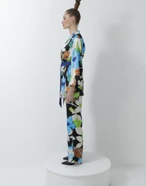 Black Kimono Suit With Comfortable Cut Trousers With Colorful Floral Pattern