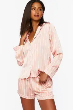 Forever 21 Forever 21 Satin Pinstripe Shirt &amp; Shorts Pajama Set Blush/White. 2