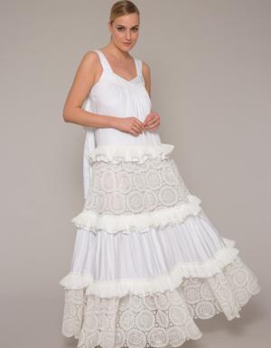 Long Lace Frilly White Dress With Thick Straps