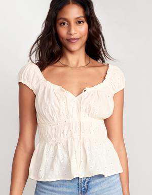Old Navy Short-Sleeve Smocked Floral-Eyelet Top for Women white