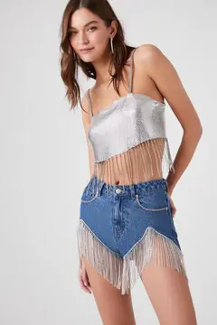 Forever 21 Forever 21 Rhinestone Fringe Denim Shorts Medium Denim. 2