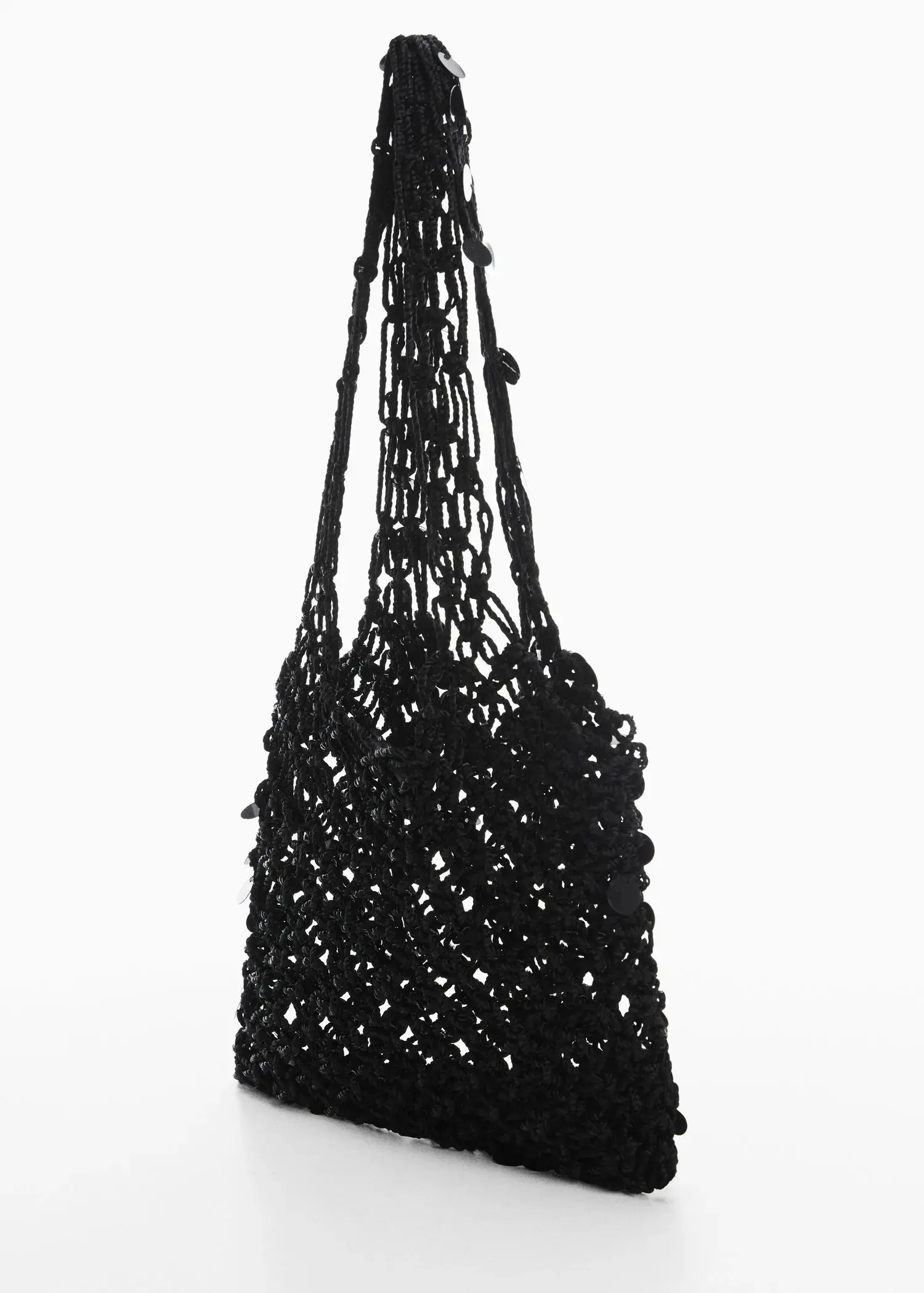 Mango Sequined net bag. a black crocheted bag on a white background. 