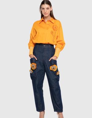 High Waist Slouchy Trousers with Contrast Embroidery Detail