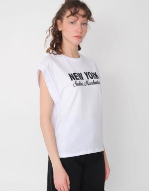 Bisiklet Yaka New York Baskılı T-shirt