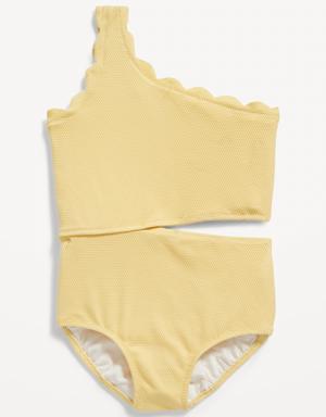 Scallop-Trim One-Shoulder One-Piece Swimsuit for Girls yellow