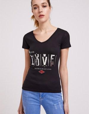 Love Kadın V Yaka T-Shirt Siyah