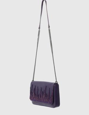 Embroidered Detailed Textured Purple Bag