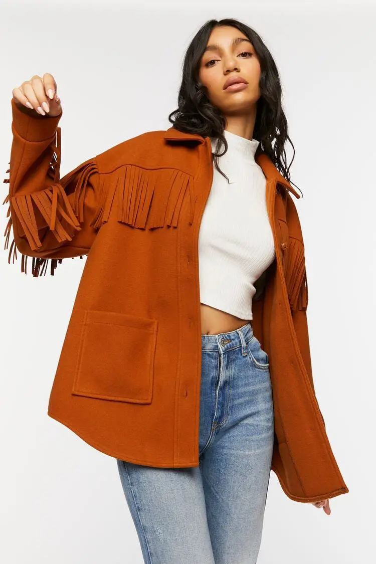 Forever 21 Forever 21 Faux Suede Fringe Shacket Ginger. 1