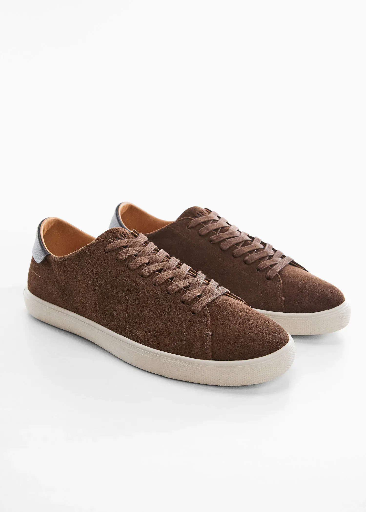 Mango Laces suede sneaker. a pair of brown sneakers on a white surface. 