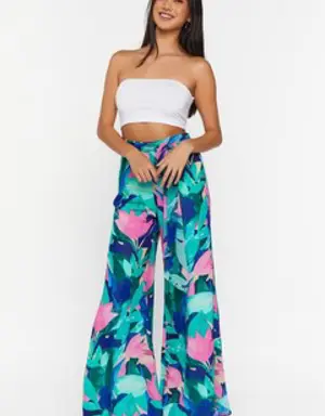 Forever 21 Abstract Floral Wide Leg Pants Blue/Multi