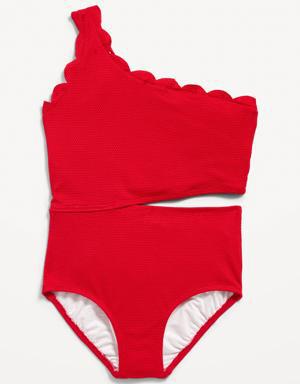Scallop-Trim One-Shoulder One-Piece Swimsuit for Girls red