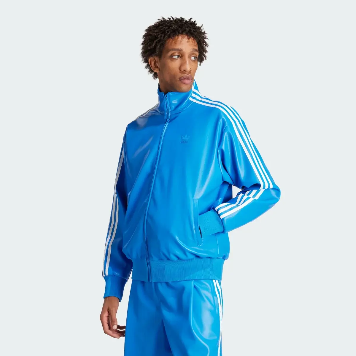 Adidas Faux Leather Adicolor 3-Stripes Loose Firebird Track Suit Jacket. 2