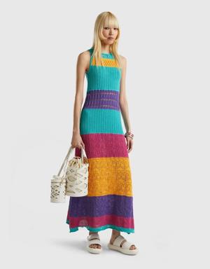Kadın Turuncu Mix Renkli Çizgili Elbise