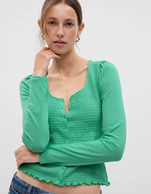 Featherweight Smocked Button-Front Top green