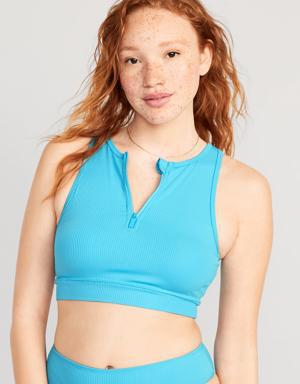 Rib-Knit Zip-Front Longline Bikini Swim Top for Women blue