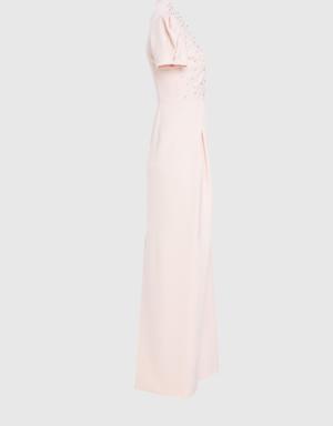 V Neck Stone Pearl Embroidered Long Pink Evening Dress