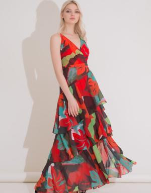 Mixed Color Wrapped Decollete Long Chiffon Dress