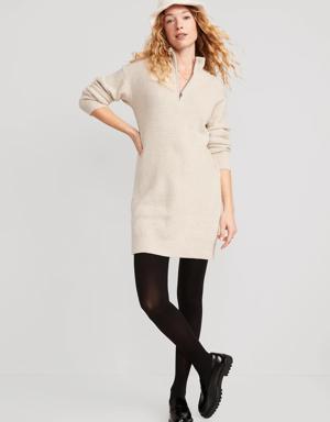 Mock-Neck Quarter-Zip Mini Sweater Shift Dress for Women white