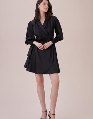 Siyah Uzun Kollu Kruvaze Yaka Saten Mini Elbise