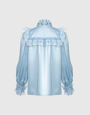 Frill Collar Tulle Detailed Gray Blouse