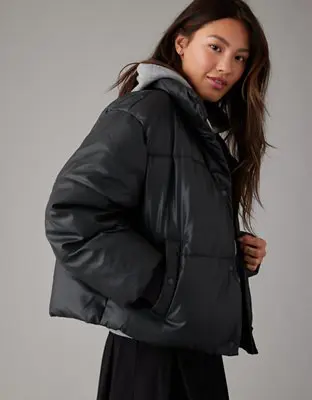 American Eagle Vegan Leather Chill Puffer Jacket. 1