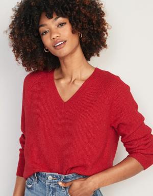V-Neck Shaker-Stitch Cocoon Sweater for Women red