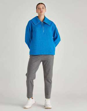 Kadın Çivit Mavi Yakalı Yarım Fermuarlı Sweatshirt