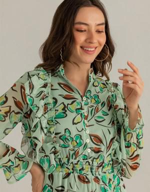 Floral Desen Şifon Elbise - Açık Yeşil