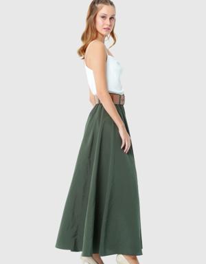 Green Skirt With Button And Leather Belt