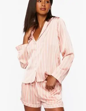 Forever 21 Satin Pinstripe Shirt &amp; Shorts Pajama Set Blush/White