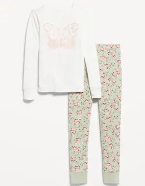 Long-Sleeve Snug-Fit Graphic Pajama Set for Girls white