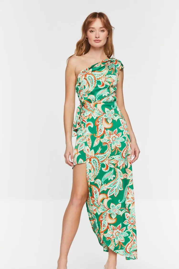 Forever 21 Forever 21 Floral Satin One Shoulder Dress Green/Multi. 1