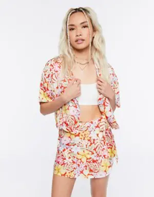 Forever 21 Tropical Floral Print Wrap Mini Skirt Red/Multi